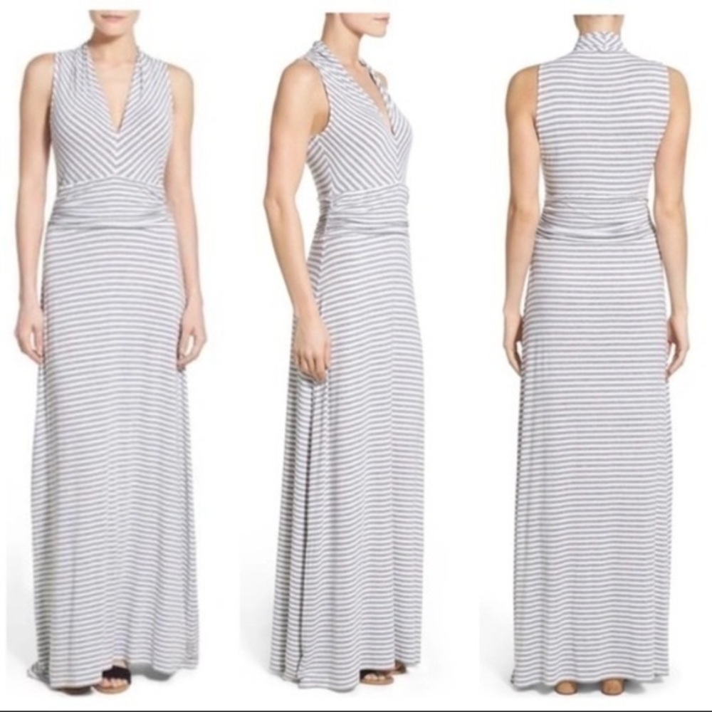Vince Camuto heather gray white stripe cutaway shoulder maxi dress KK5